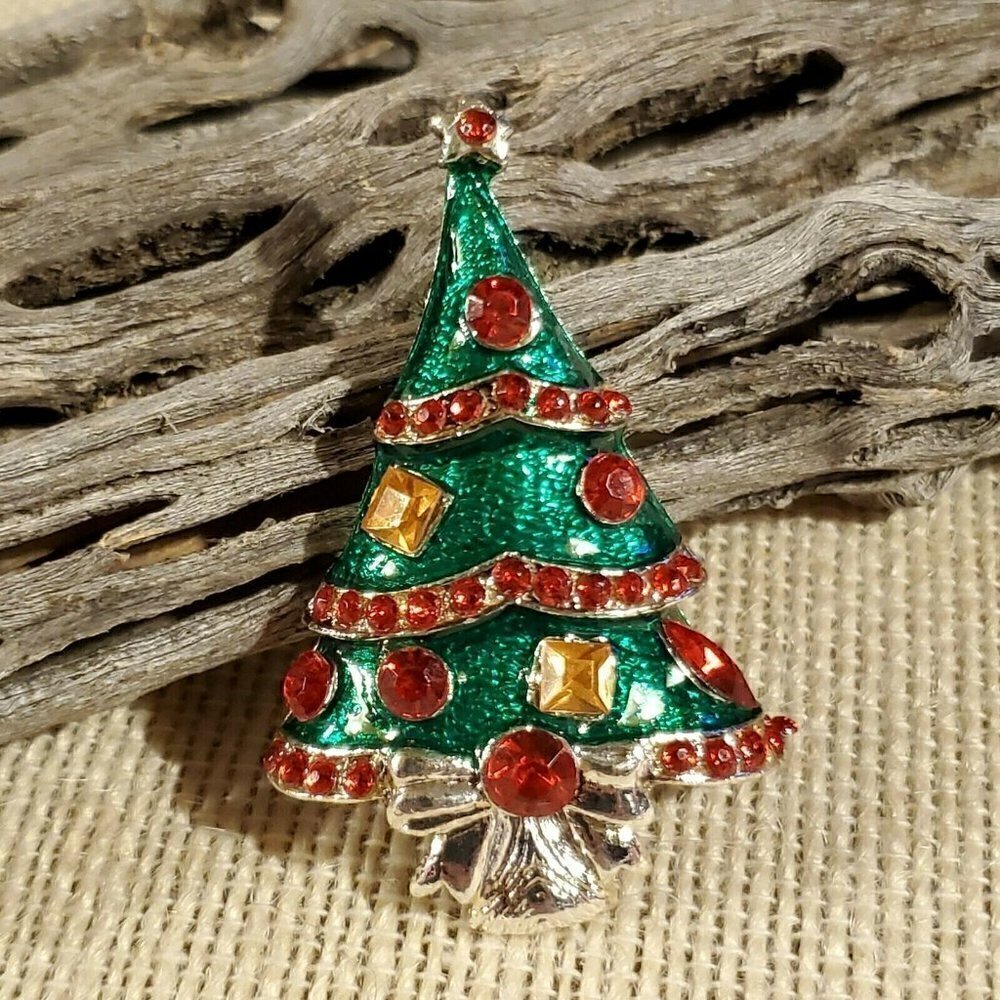 Christmas Tree Red Green Silver Rhinestone Enamel Sweater Pin Brooch - Picture 2 of 5